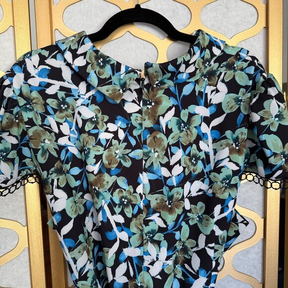 Badgley Mischka Size 22 Blue Green Floral Lace Trim Sleeve Collared Sheath Dress - Picture 7 of 16